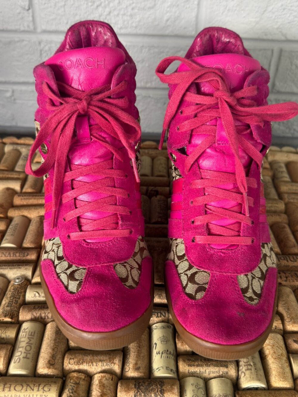 Coach Alara High Top Wedge Sneakers in Hot Pink Iconic Logo - Size 10